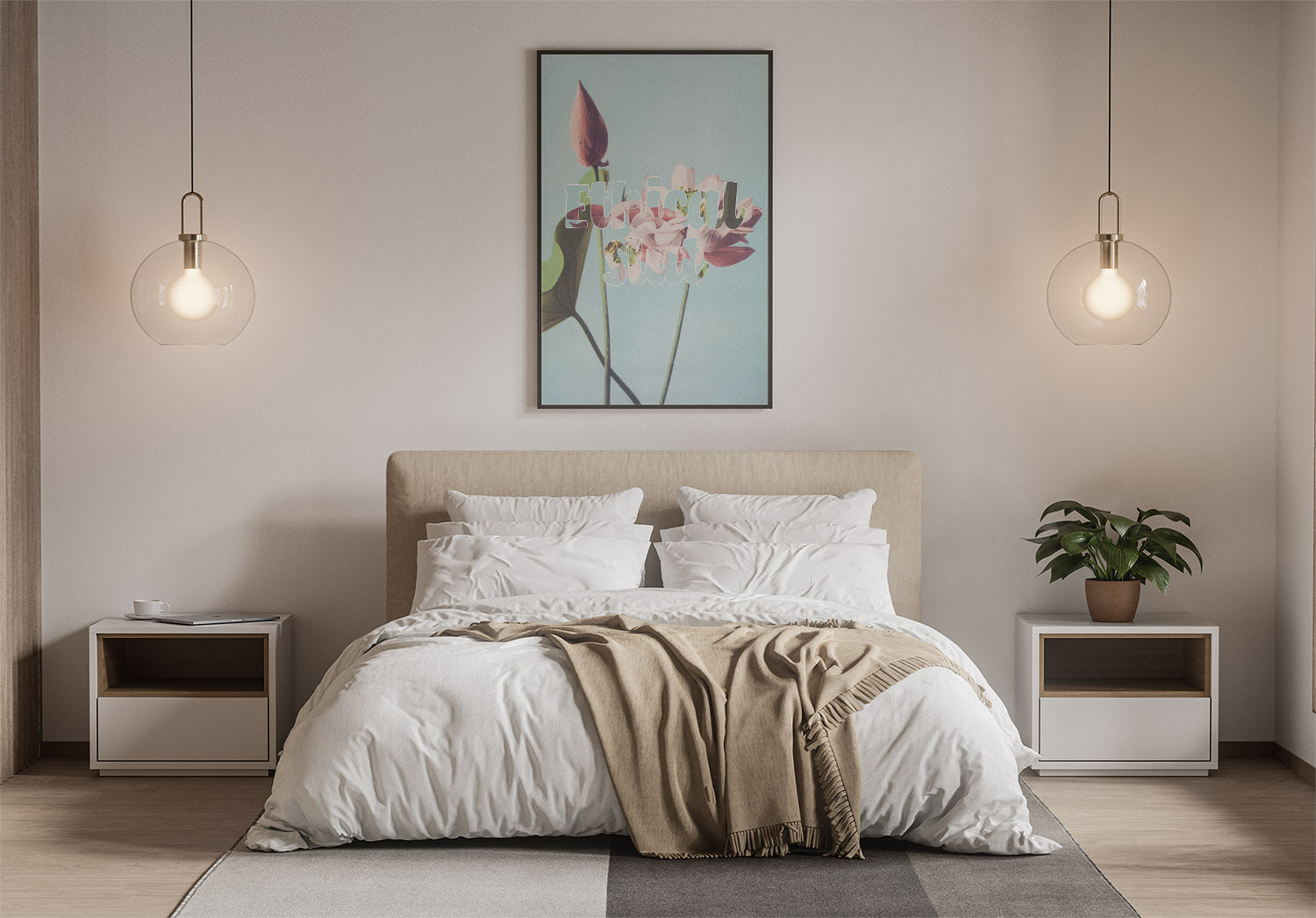 Cozy bedroom with a bed, white bedding, a throw, and a framed print on the wall displaying the phrase "Ethical slt" in a stylized font. Modern pendant lights and a plant on nightstands add warmth.
