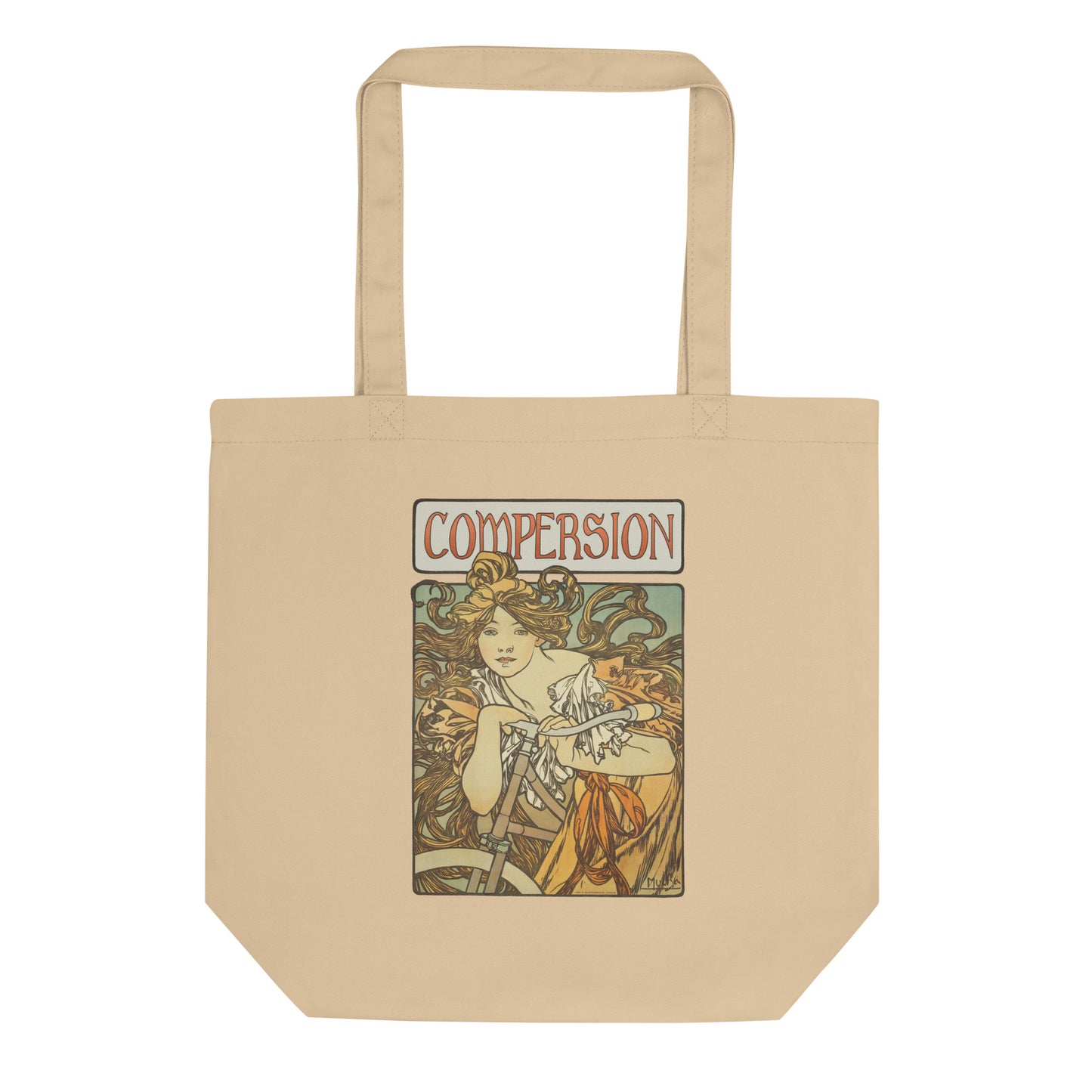Vintage Compersion beige tote bag with Art Nouveau design on white background