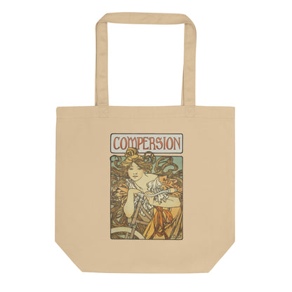 Vintage Compersion beige tote bag with Art Nouveau design on white background