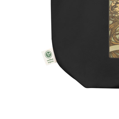 Close-up of vintage Compersion design on black tote bag with certified organic label
