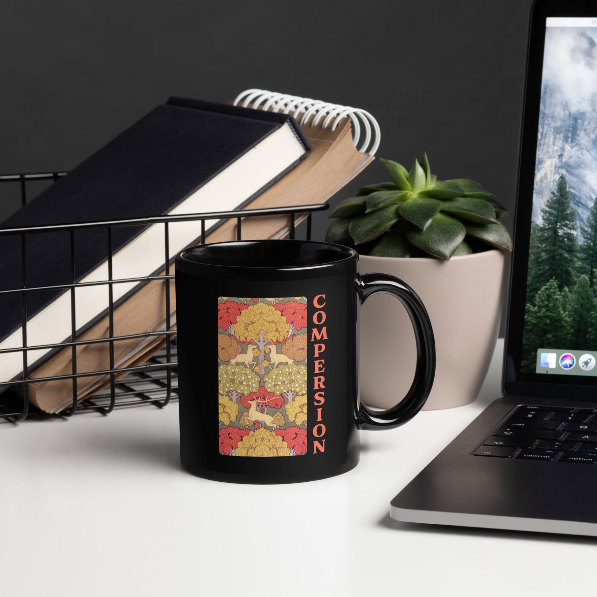 Black ceramic mug featuring whimsical woodland Compersion artwork with forest-inspired illustration celebrating polyamory, ENM, compersion and joyful relationships.