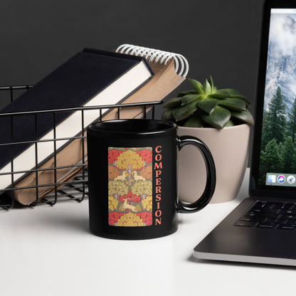 Black ceramic mug featuring whimsical woodland Compersion artwork with forest-inspired illustration celebrating polyamory, ENM, compersion and joyful relationships.