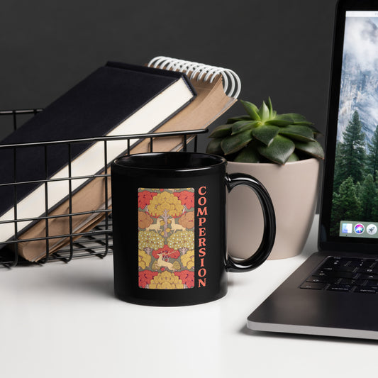 Black ceramic mug featuring whimsical woodland Compersion artwork with forest-inspired illustration celebrating polyamory, ENM, compersion and joyful relationships.