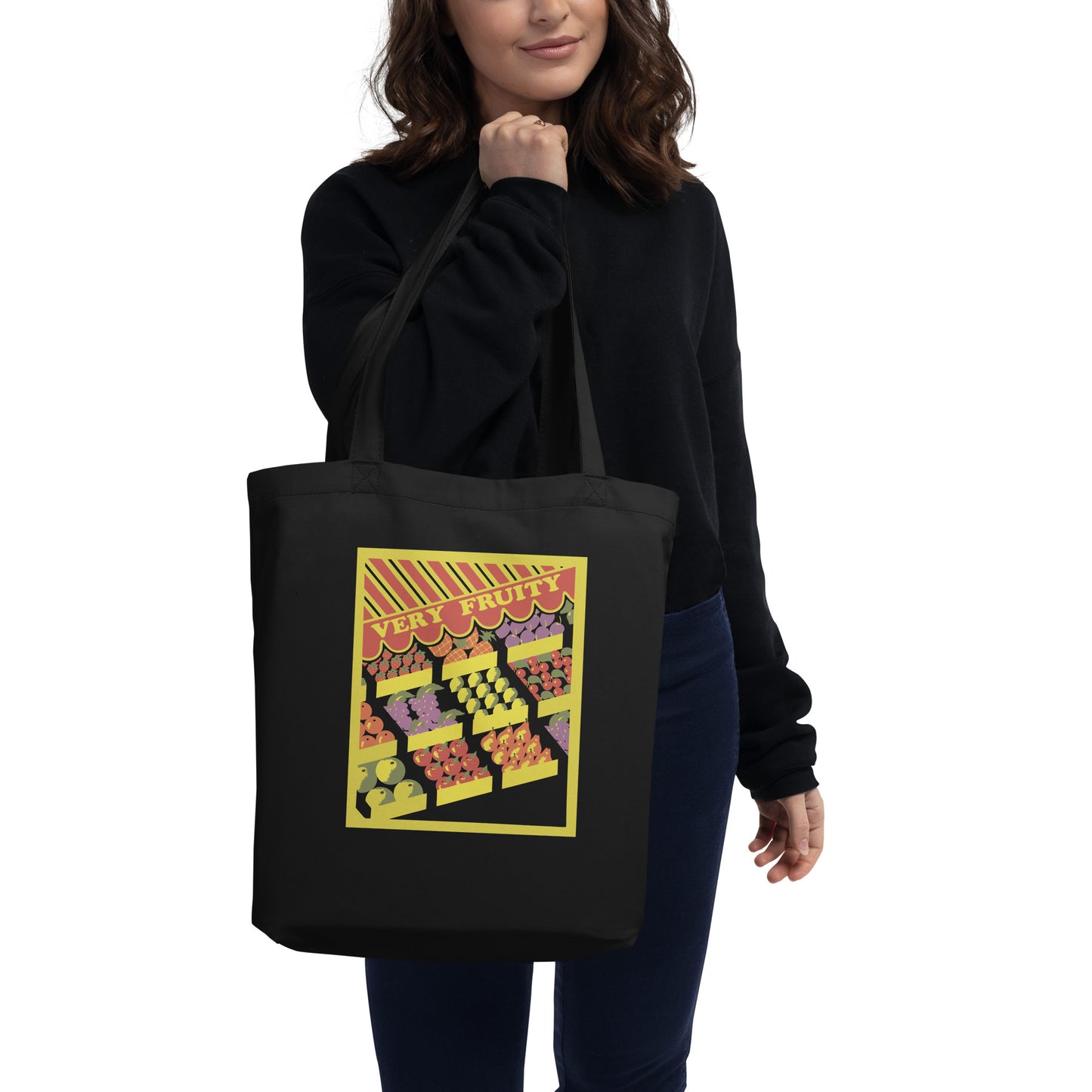 Very Fruity Eco Tote Bag – Black Queer Campy Accessory with Vintage Fruit Stand Design