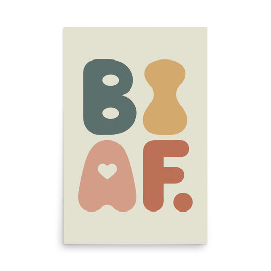 Colorful BI AF poster printed on thick matte paper, for bisexual pride wall art with retro design