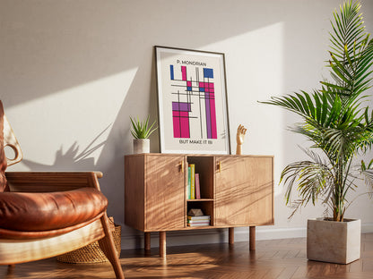 A cool living room with a framed bisexual pride abstract wall art inspired by Mondrian. A wooden armchair, a cabinet and houseplants create a warm, inviting atmosphere.