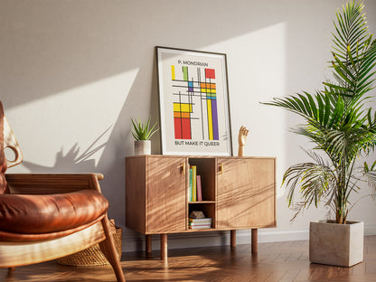 A cool living room with a framed LGBTQ+ themed abstract wall art inspired by Mondrian. A wooden armchair, a cabinet and houseplants create a warm, inviting atmosphere.