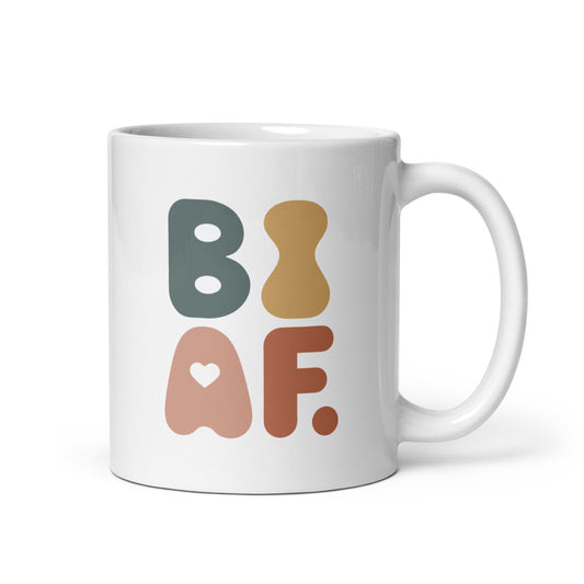Glossy ceramic bisexual pride mug with bold retro design – ideal for morning coffee or LGBTQ+ pride gifts.