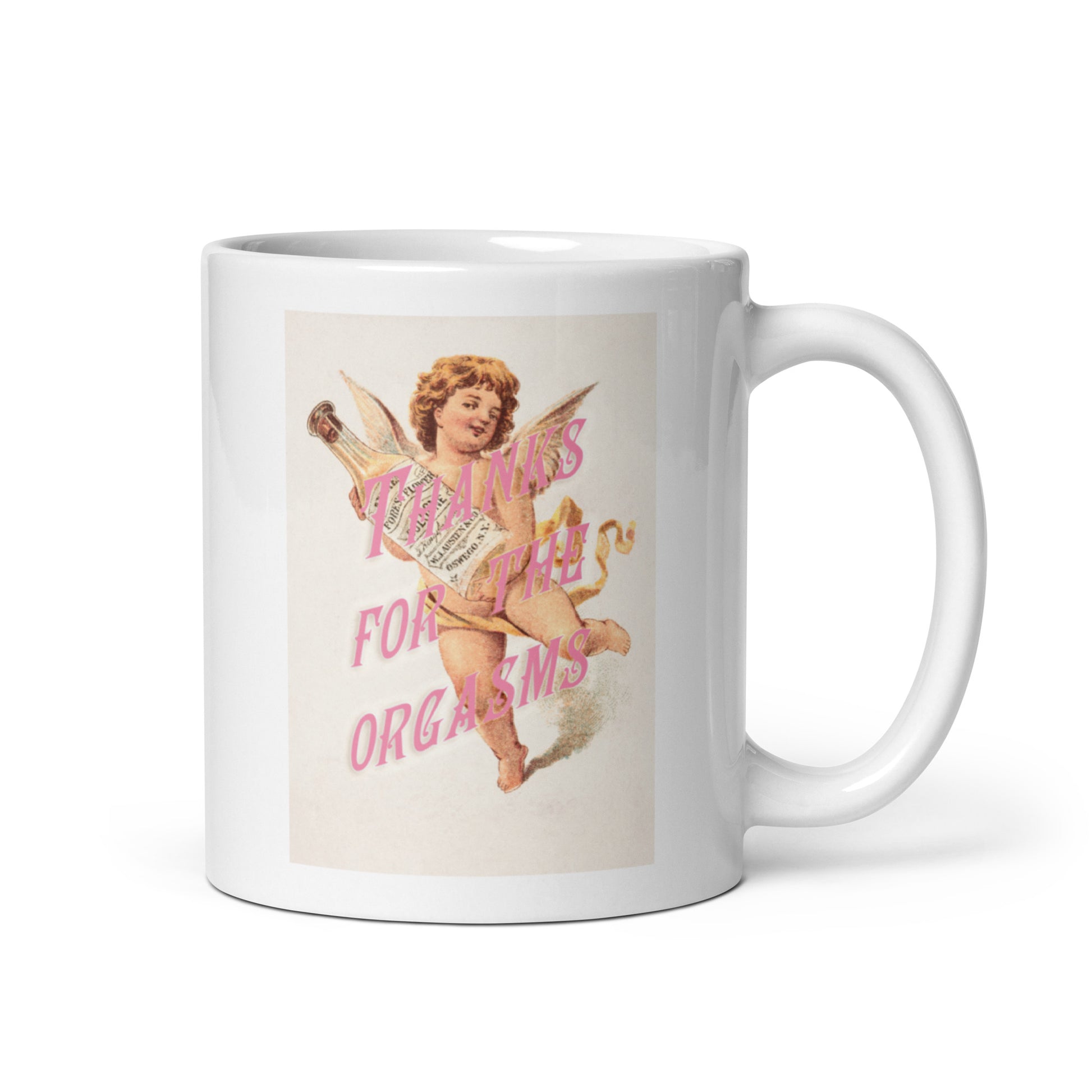 Ceramic mug with vintage cherub and pink “Thanks for the Orgasms” retro text for playful gift of gratitude