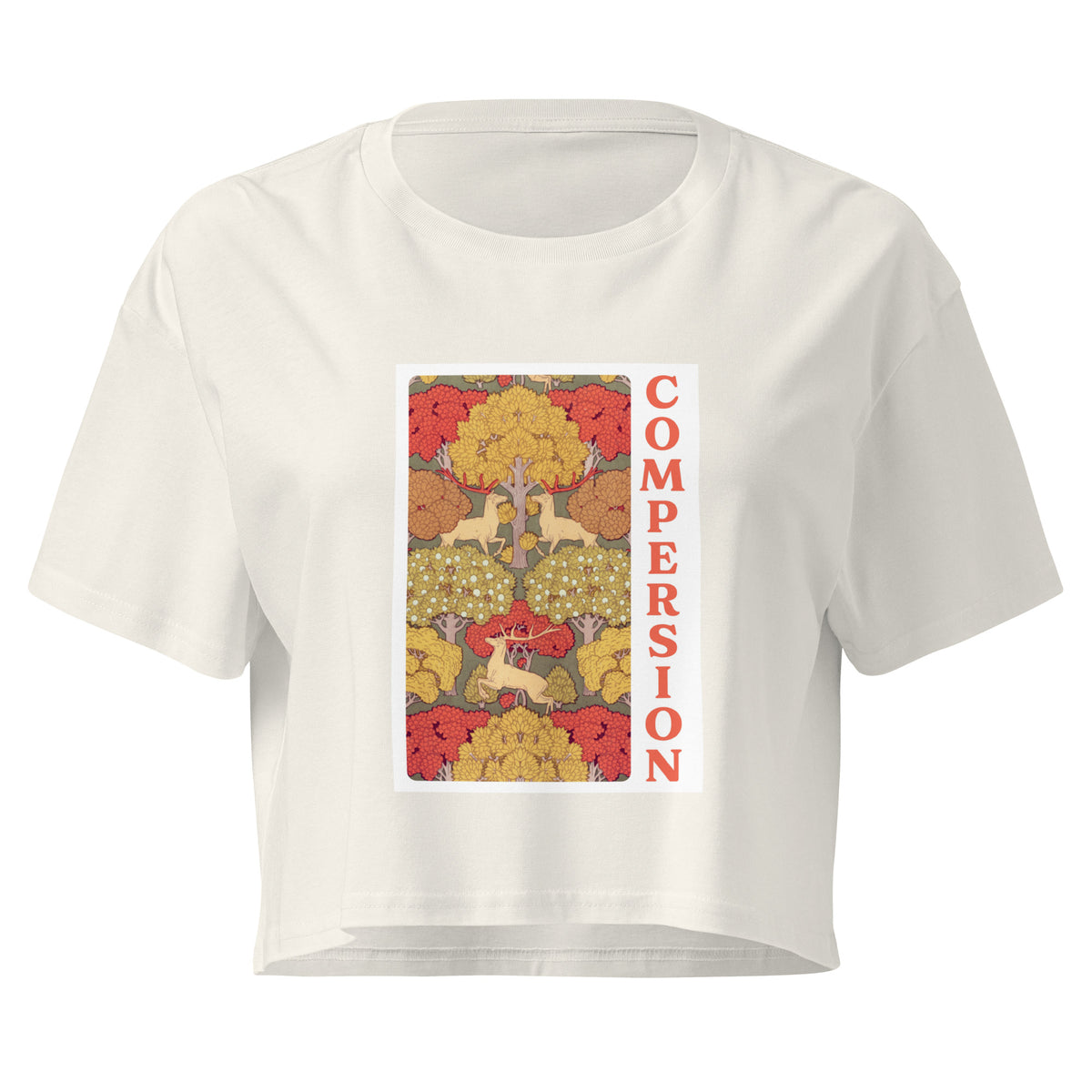 Ecru cropped top with woodland illustration and bold orange-red text reading “COMPERSION” ENM-affirming statement tee for open-relationship style.