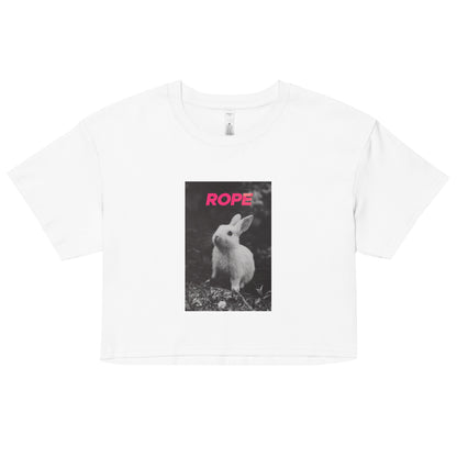 White cotton crop top with hot pink “ROPE” text above a black-and-white bunny graphic – edgy fashion tee for expressive rope art lovers