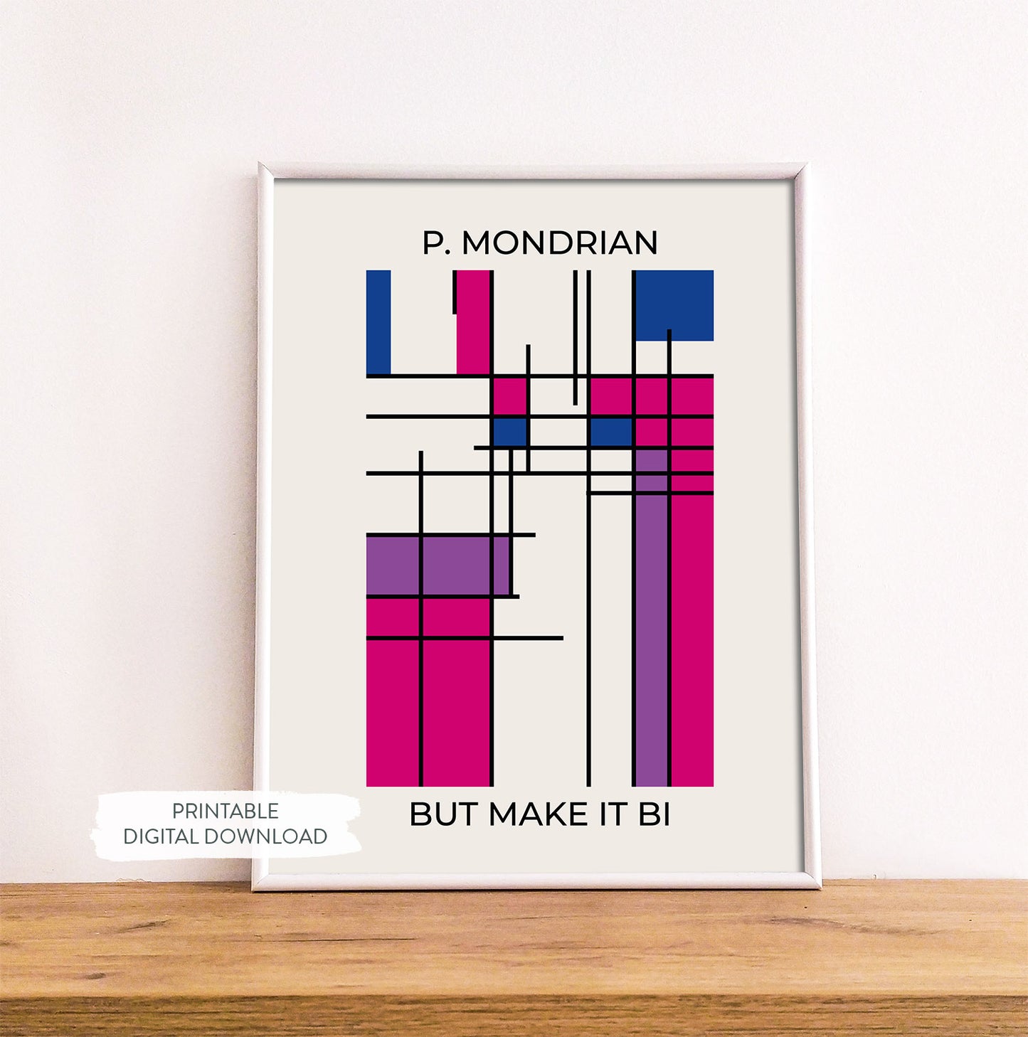 Abstract poster with bisexual pride colors in Mondrian style shown in white frame on wood shelf
