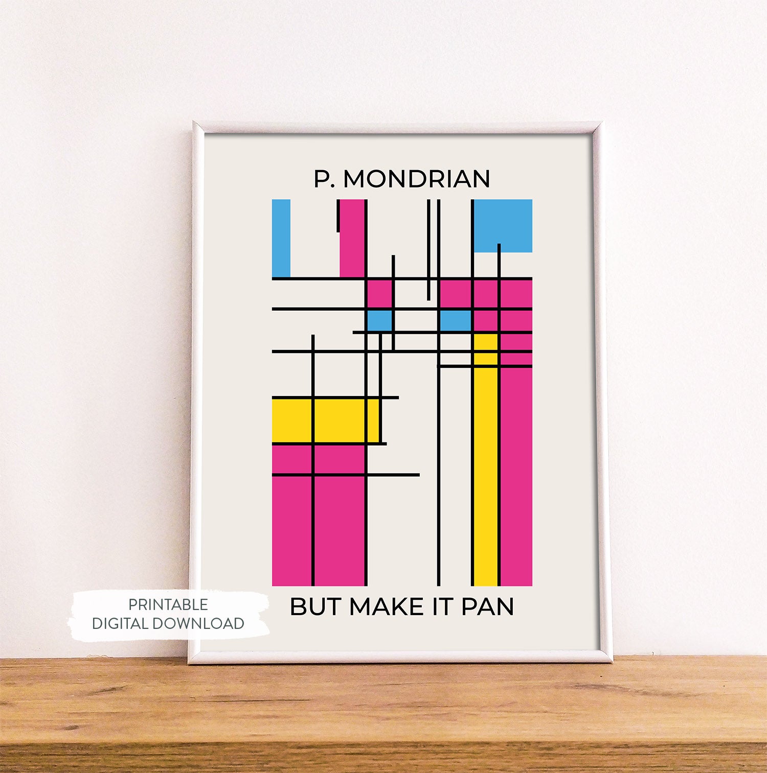 Abstract poster with pansexual pride colors in Mondrian style shown in white frame on wood shelf
