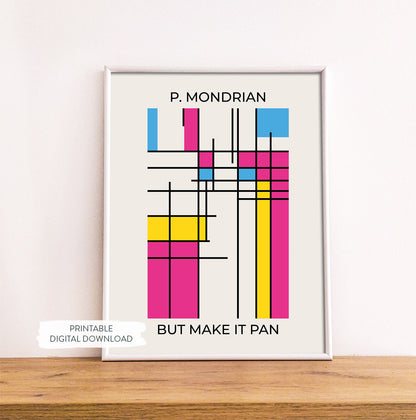 Abstract poster with pansexual pride colors in Mondrian style shown in white frame on wood shelf