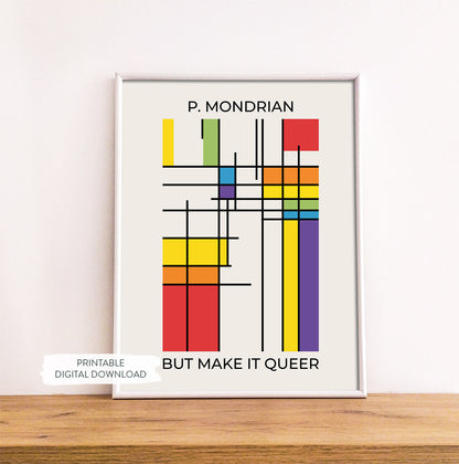 Abstract poster with LGBTQ+ pride colors in Mondrian style shown in white frame on wood shelf