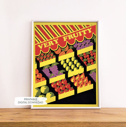 Printable poster with colorful fruit stand and 'Very Fruity' text shown in white frame on wood shelf