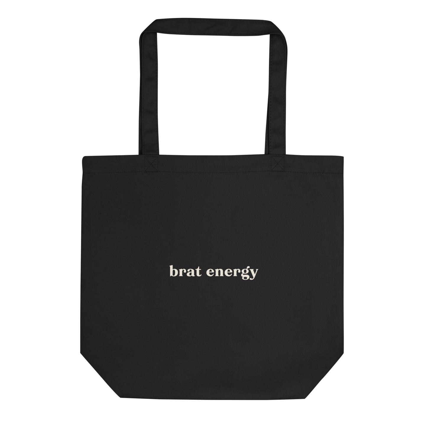 Black eco cotton tote bag with cream “Brat Energy” text – flirty, playful carryall for expressive personalities with a hint of mischief