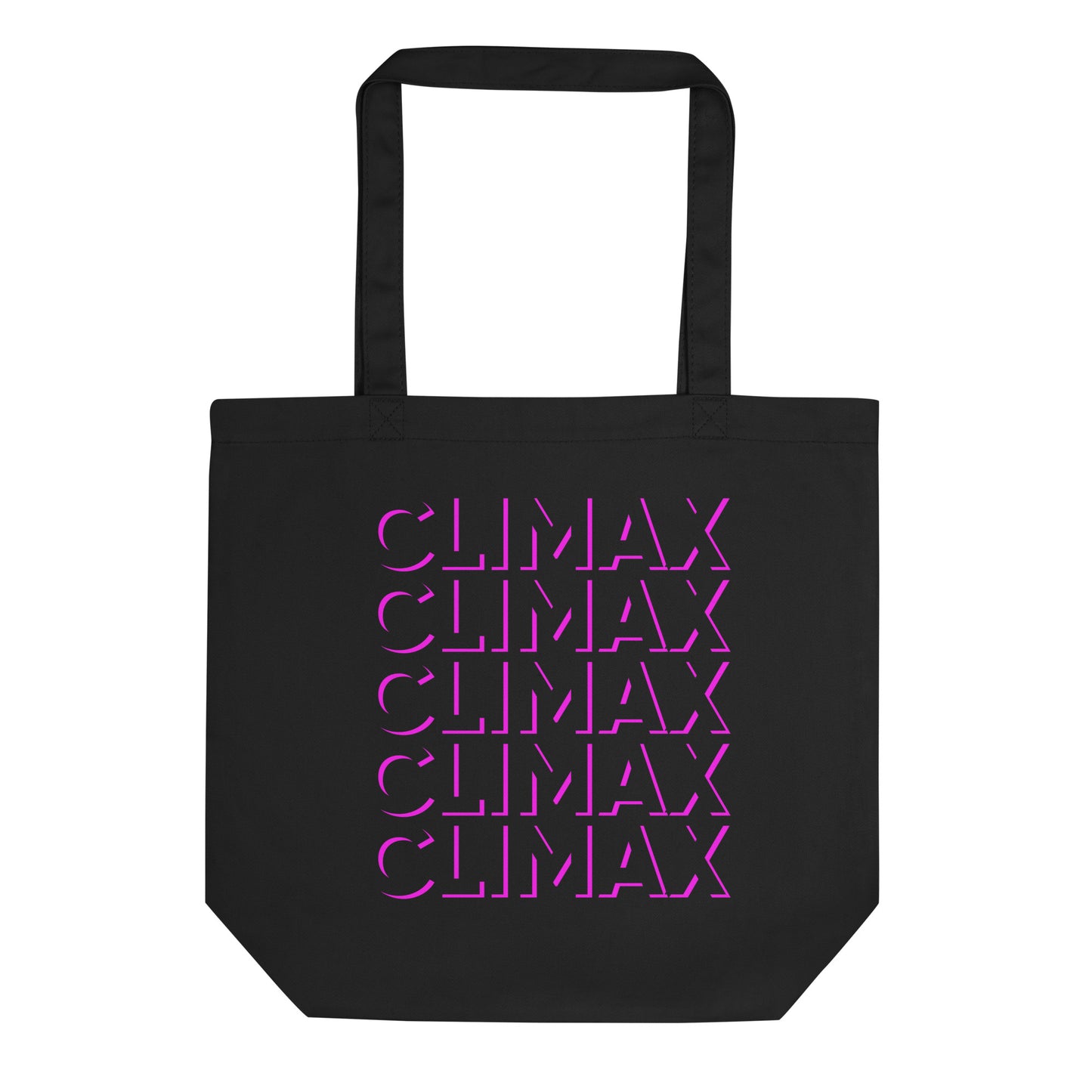 Black eco tote bag with hot pink repeated “CLIMAX” text – playful patterned design for bold, cheeky, and pleasure-positive expression with graphic fashion vibes