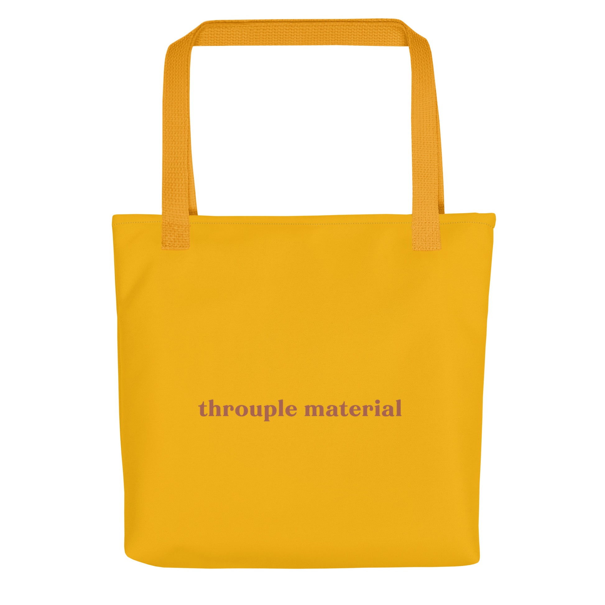 Mustard yellow eco tote bag with terracotta red “Throuple Material” text – bold ENM statement accessory for polyamorous pride and expressive everyday style