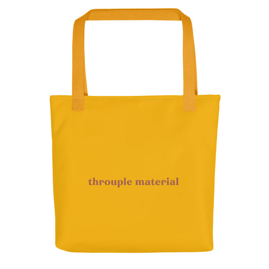 Mustard yellow eco tote bag with terracotta red “Throuple Material” text – bold ENM statement accessory for polyamorous pride and expressive everyday style