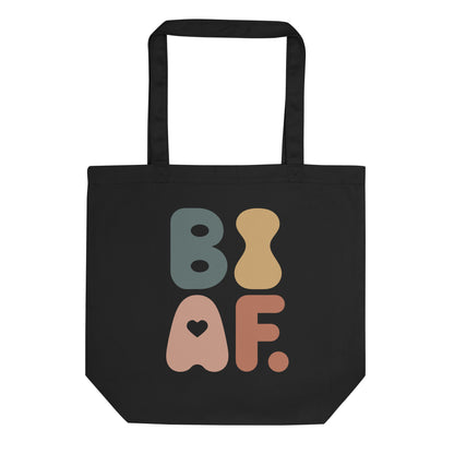 Retro inspired bisexual pride eco cotton black tote bag with colorful 'BI AF' design