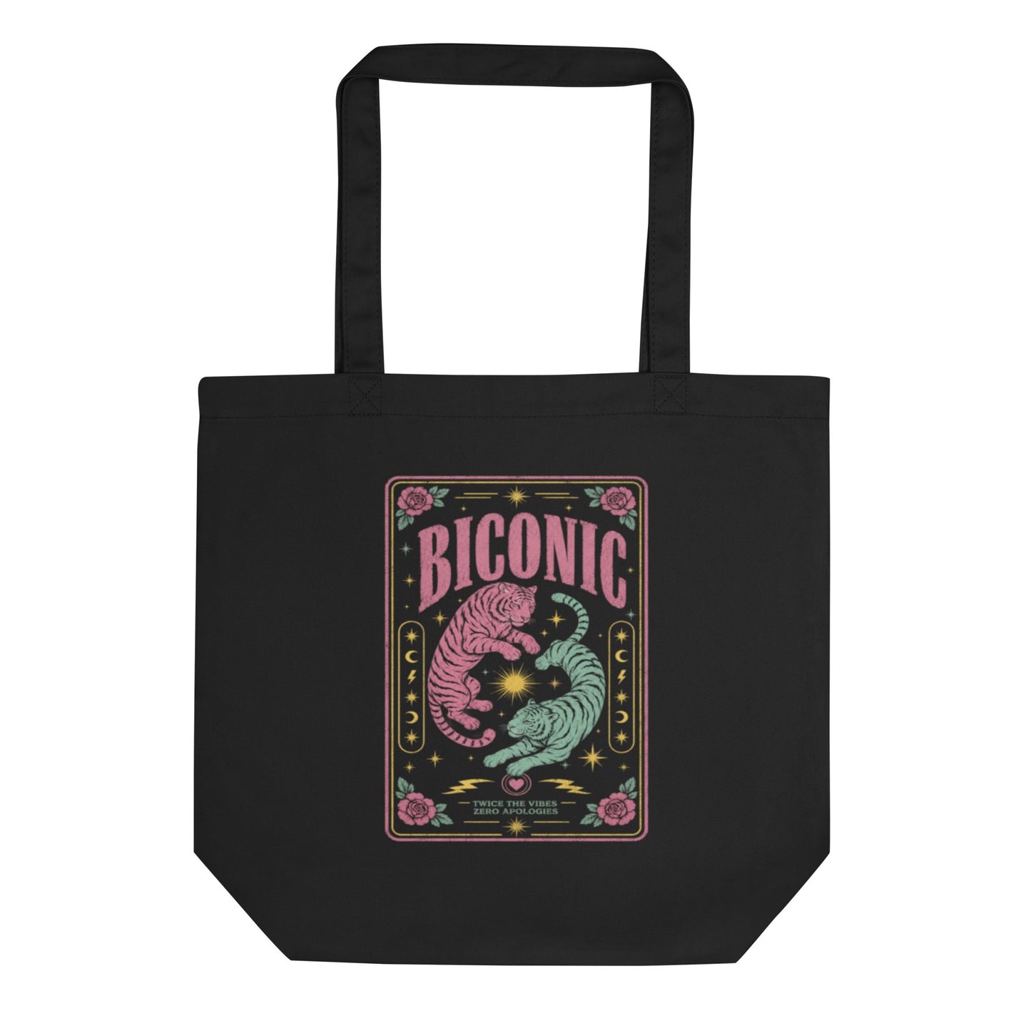 Black eco cotton tote bag featuring colorful pink and teal tiger artwork with the word "BICONIC," celestial motifs, roses and bisexual pride-inspired queer print.