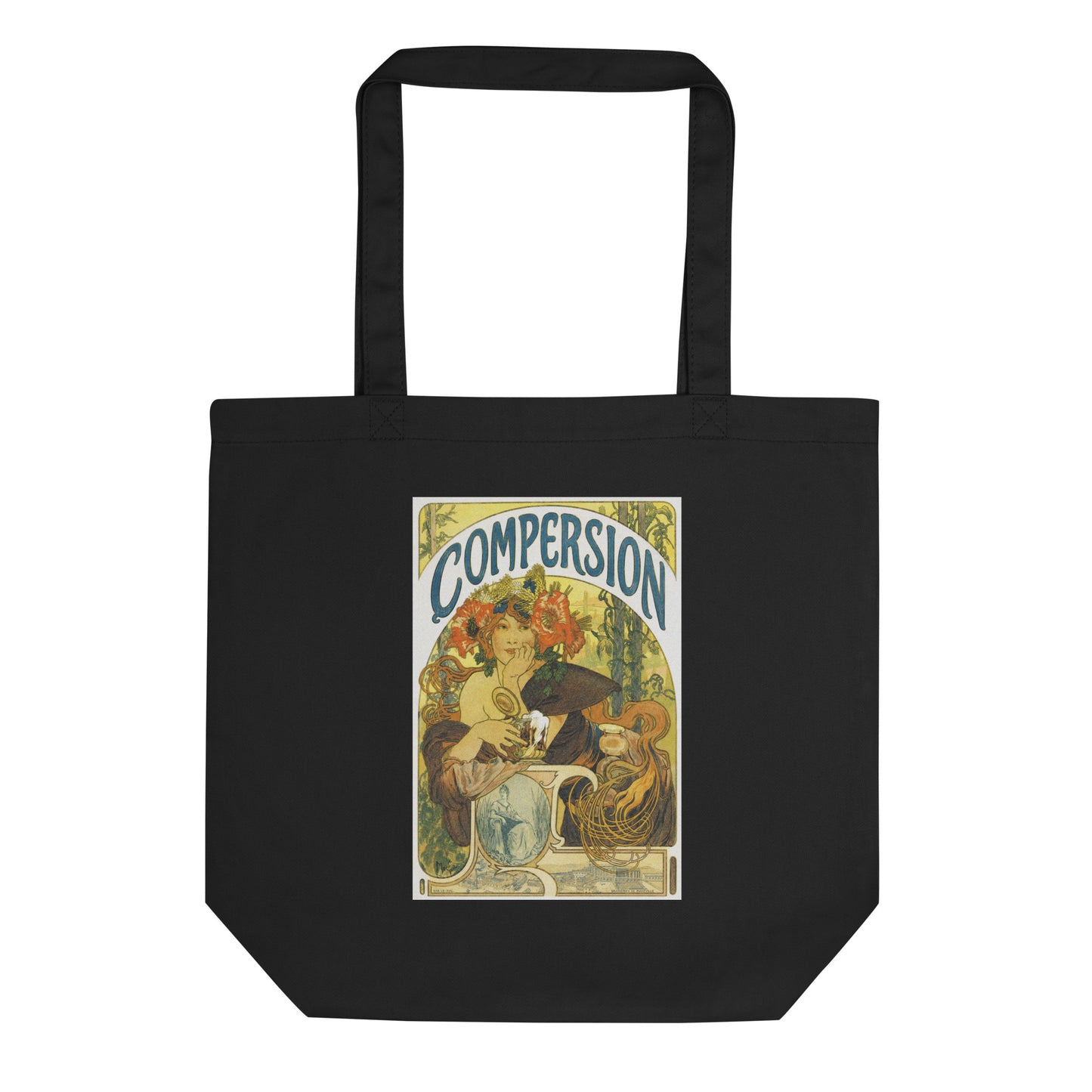 Vintage Compersion organic cotton black cotton tote bag with Art Nouveau design for every day use and ENM or polyamory pride