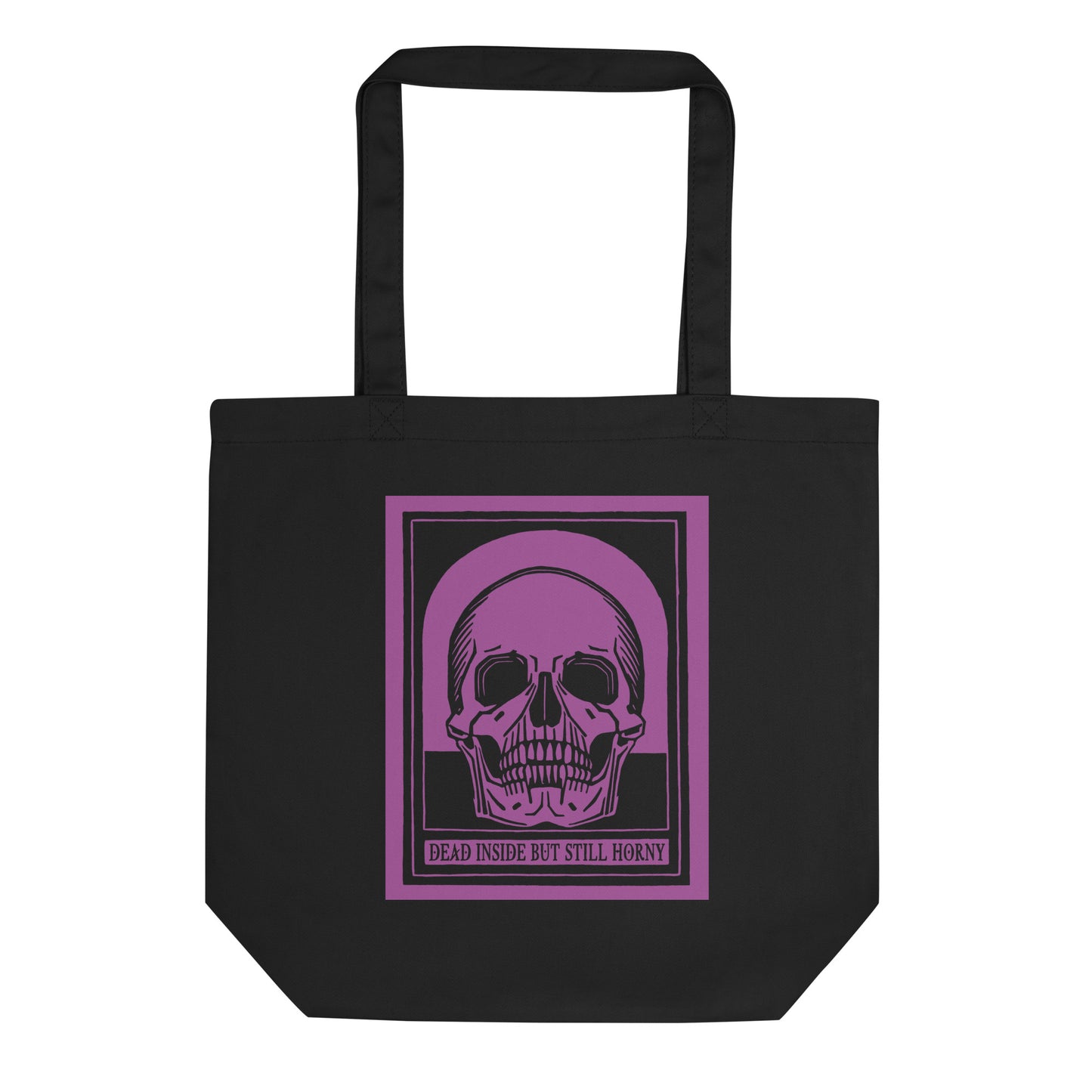 Dark humor eco tote bag with skull illustration for bold style and pleasure-positive lifestyles