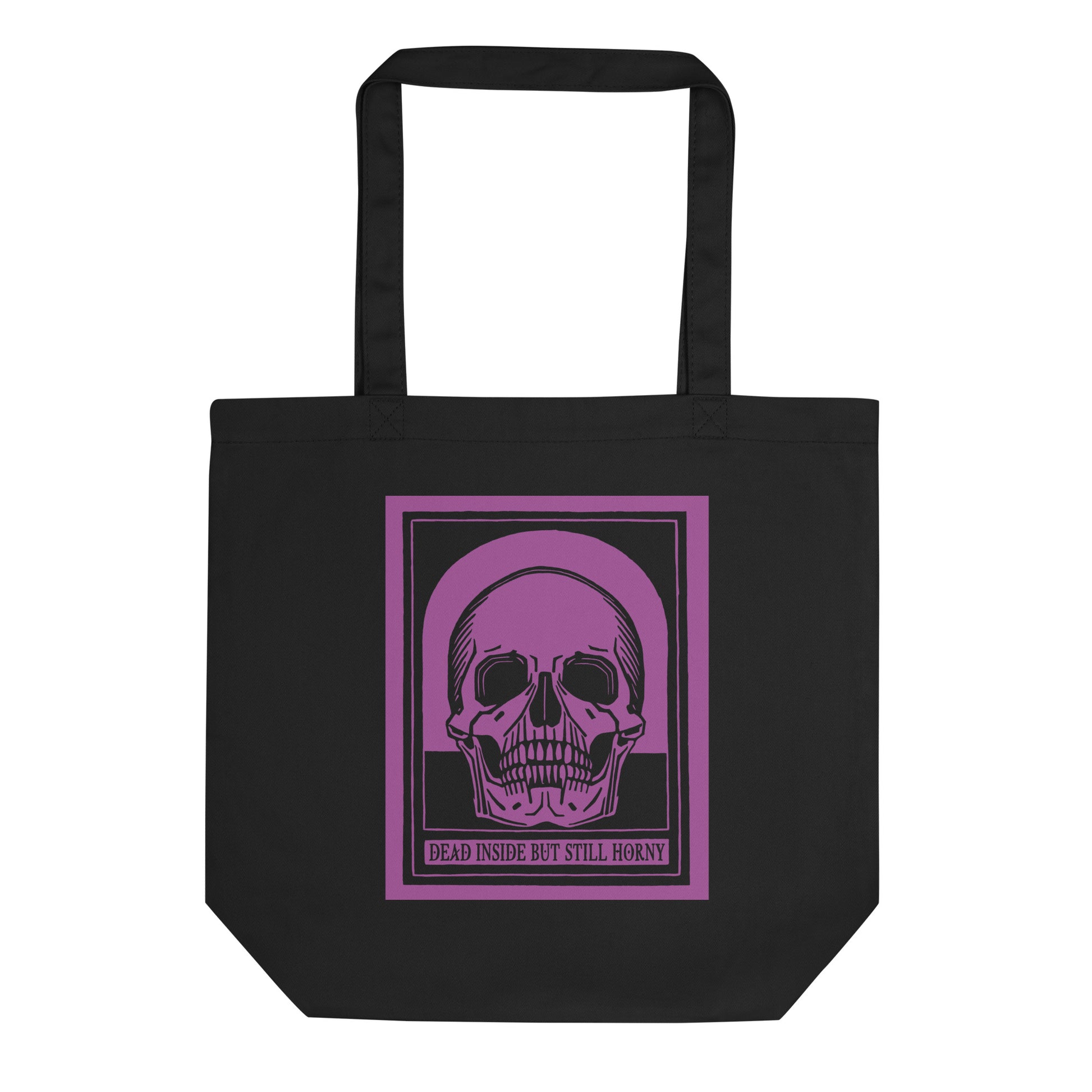 Dark humor eco tote bag with skull illustration for bold style and pleasure-positive lifestyles