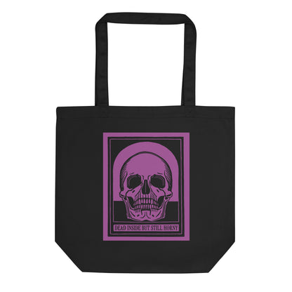 Dark humor eco tote bag with skull illustration for bold style and pleasure-positive lifestyles