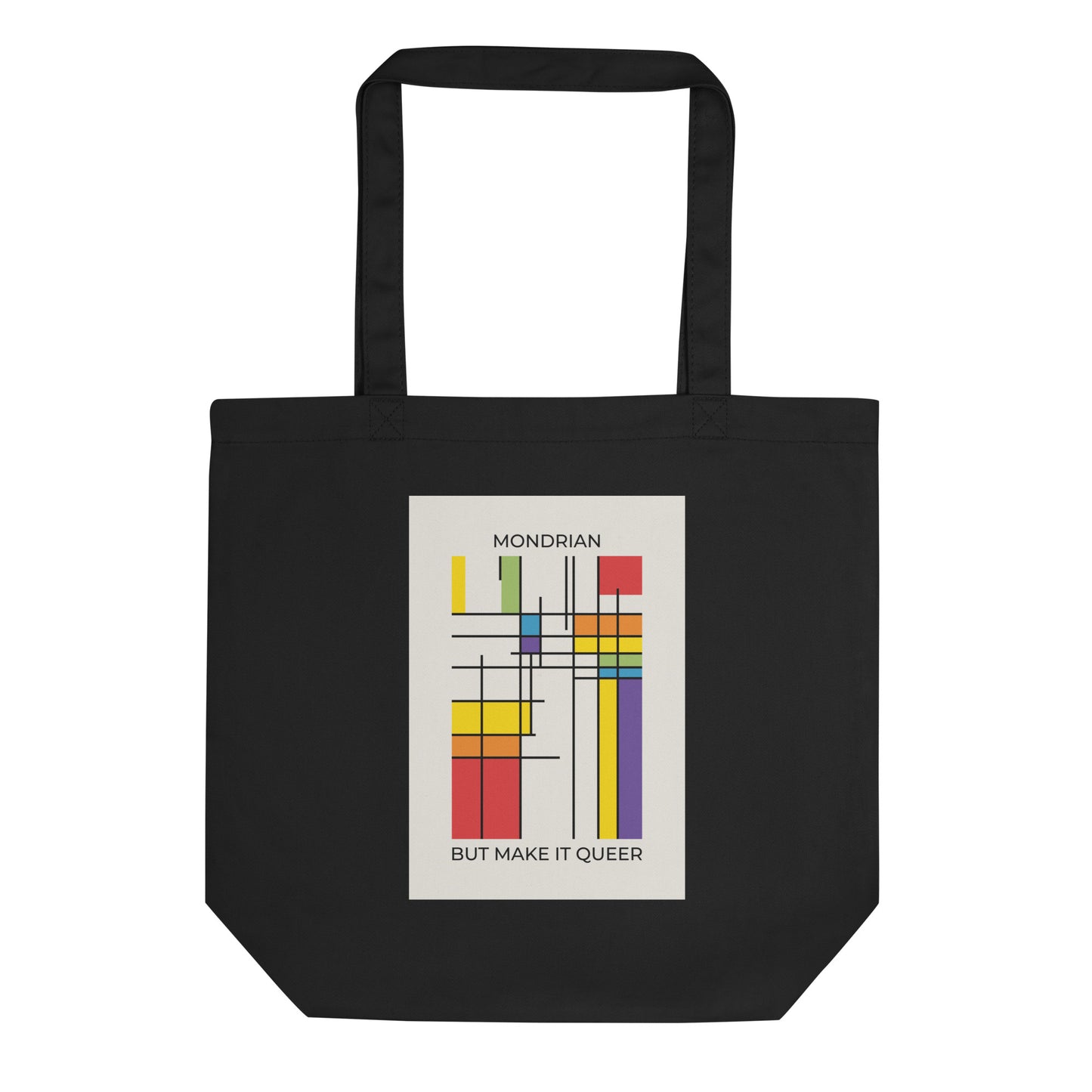 Eco tote bag with Mondrian-inspired LGBTQ+ pride flag design for stylish every day use
