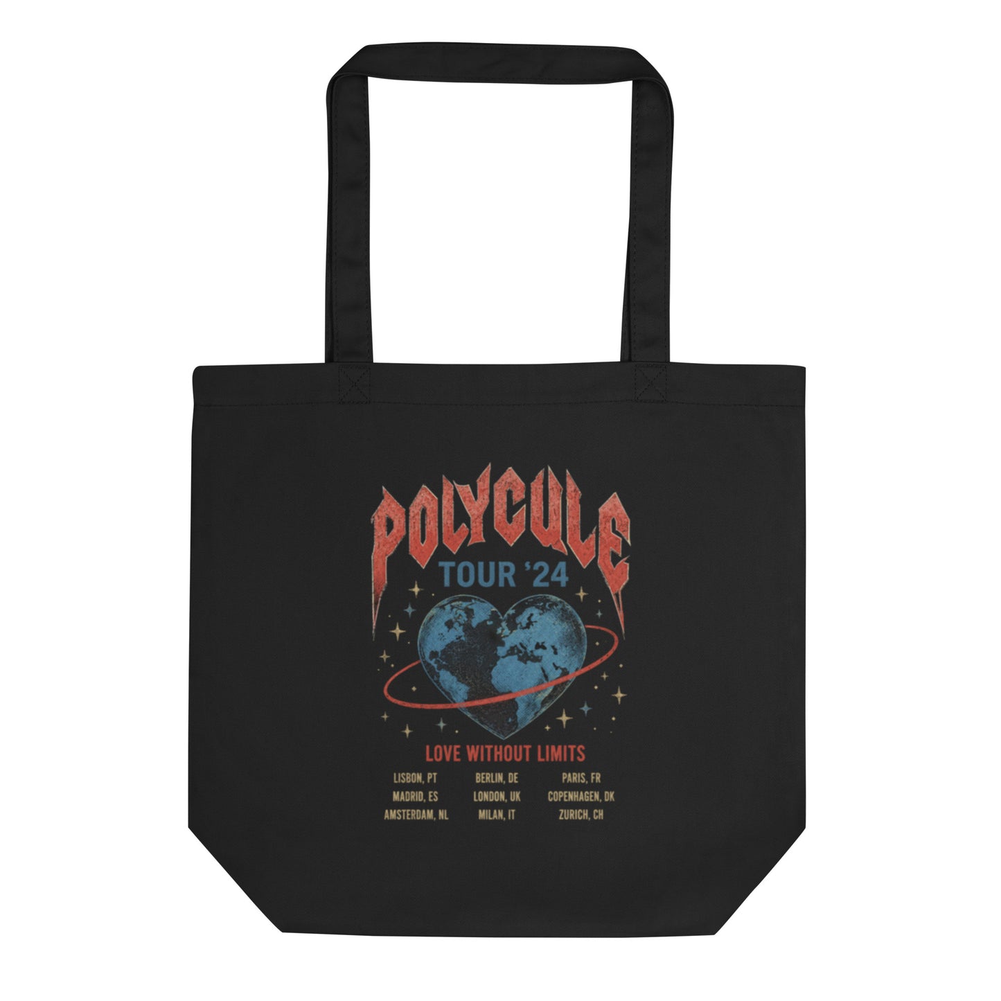 Black eco cotton tote bag featuring a vintage rock band tour style design reading "Polycule Tour '24," with a heart-shaped globe, tour dates, and "Love Without Limits" celebrating polyamory and ENM.
