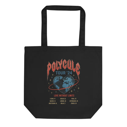 Black eco cotton tote bag featuring a vintage rock band tour style design reading "Polycule Tour '24," with a heart-shaped globe, tour dates, and "Love Without Limits" celebrating polyamory and ENM.