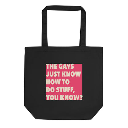 Red queer pride "The Gays know" eco cotton tote bag inspired by Jennifer Coolidge’s quote in The White Lotus series.