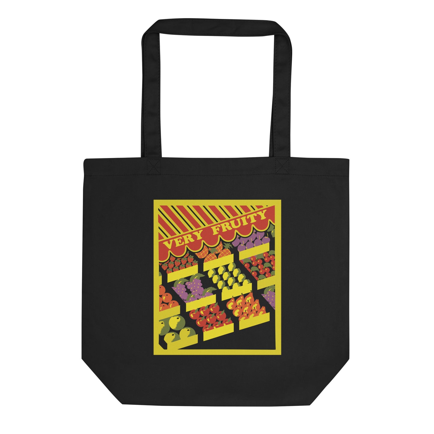 Very Fruity black eco tote with vintage fruit stand artwork and queer humor for everyday use