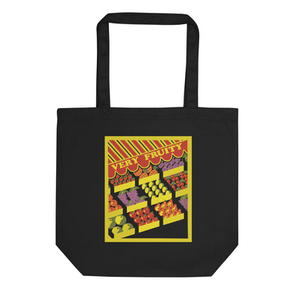 Very Fruity black eco tote with vintage fruit stand artwork and queer humor for everyday use