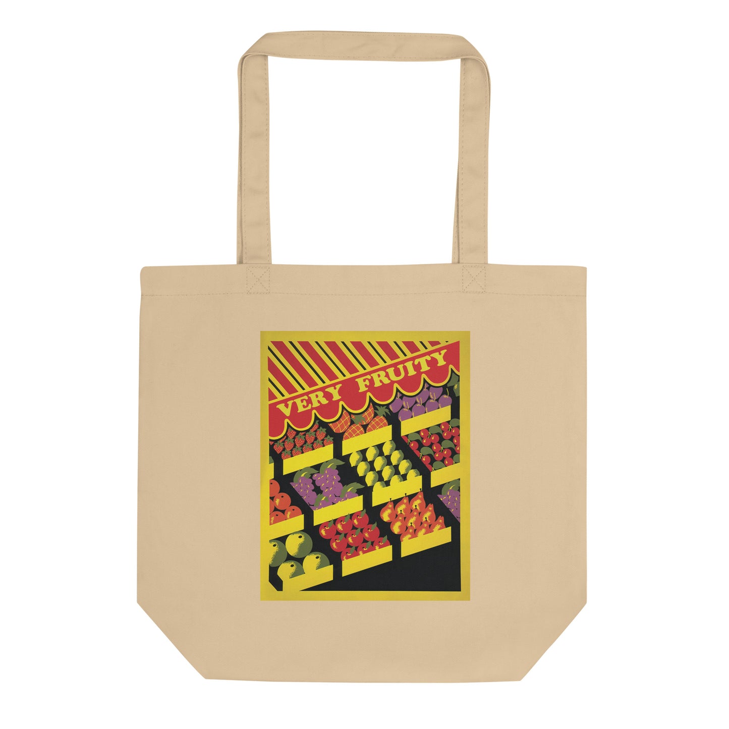 Very Fruity eco tote with vintage fruit stand artwork and queer humor for everyday use