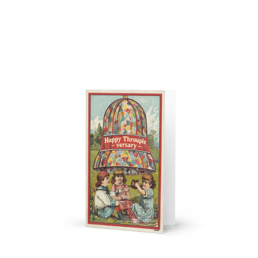 Vintage greeting card showing three person under a colorful bell with text “Happy Throuple-versary” for ENM celebration.