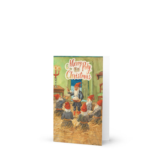Vintage Christmas card showing gnomes gathered indoors with festive lettering reading “Merry Poly Christmas” for playful, ENM and polyamory holiday greeting