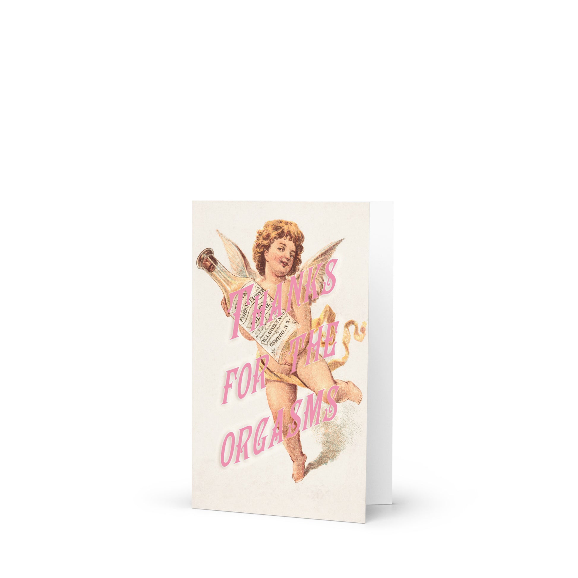 Greeting card with vintage cherub holding a bottle and pink “Thanks for the Orgasms” text for cheeky gratitude expression.