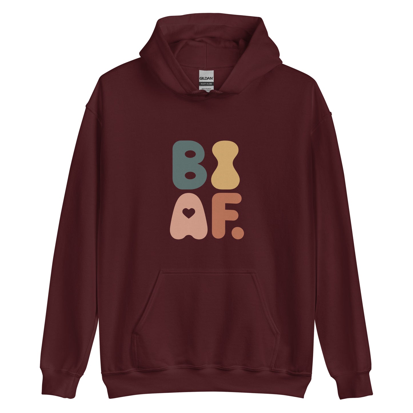Unisex hoodie with bold retro bisexual pride design in colorful retro inspired letters, LGBTQ+ statement sweatshirt.