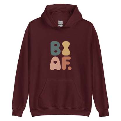 Unisex hoodie with bold retro bisexual pride design in colorful retro inspired letters, LGBTQ+ statement sweatshirt.