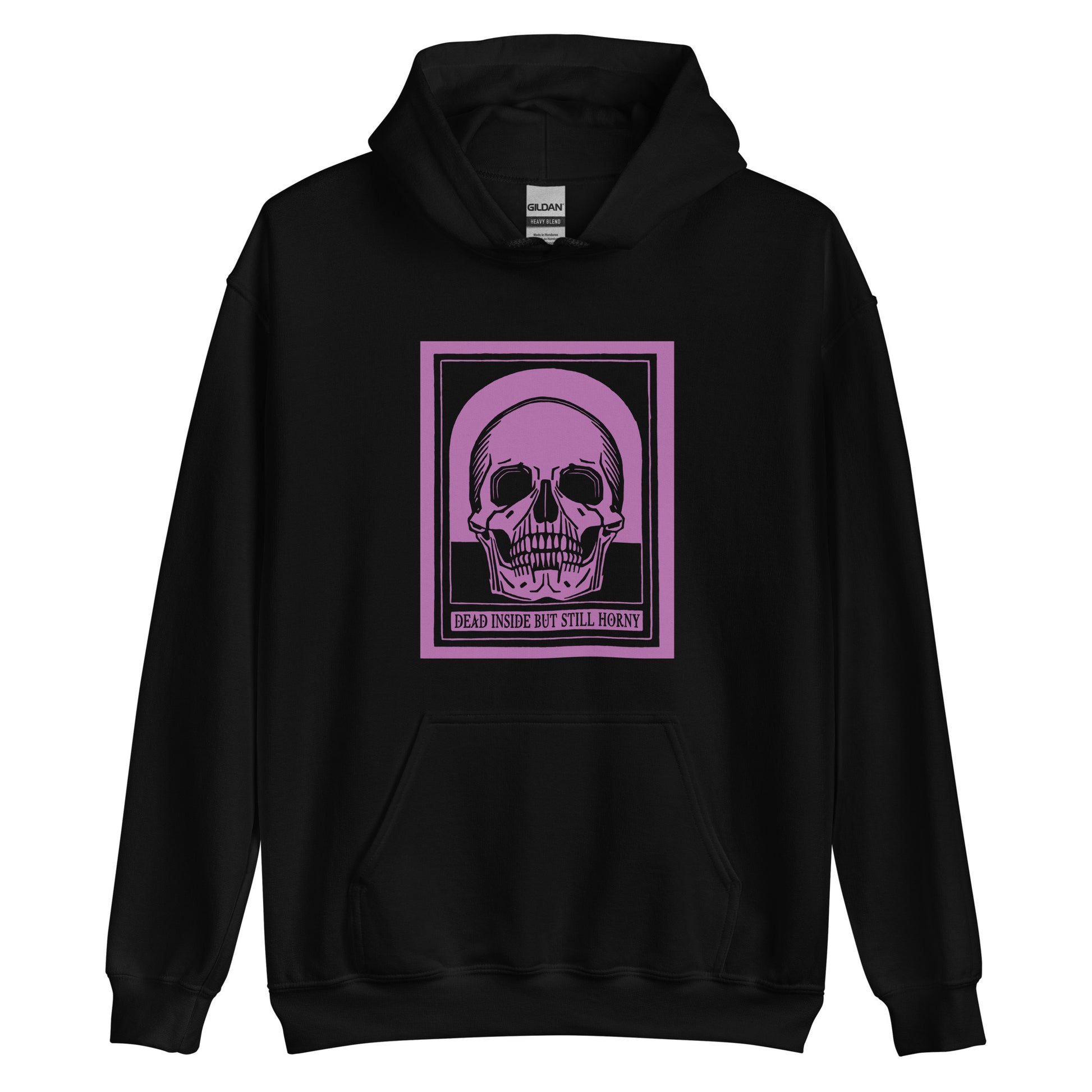 Black unisex hoodie with purple vintage skull design and text reading “dead inside,” cheeky dark humor sweatshirt for daily existential dread.