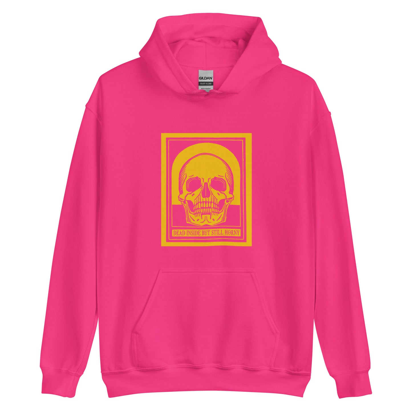 Hot pink unisex hoodie with yellow vintage skull design and text reading “dead inside,” cheeky dark humor sweatshirt for daily existential dread.