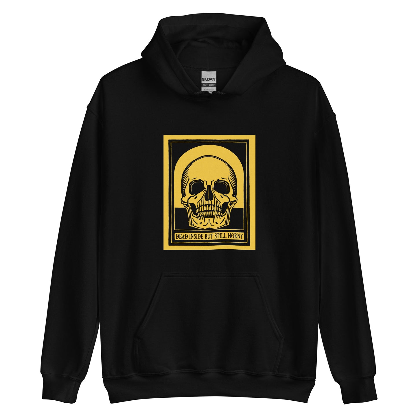 Yellow unisex hoodie with vintage skull graphic and bold “Dead Inside” text, sweatshirt for dark humor and sarcastic existential dread.