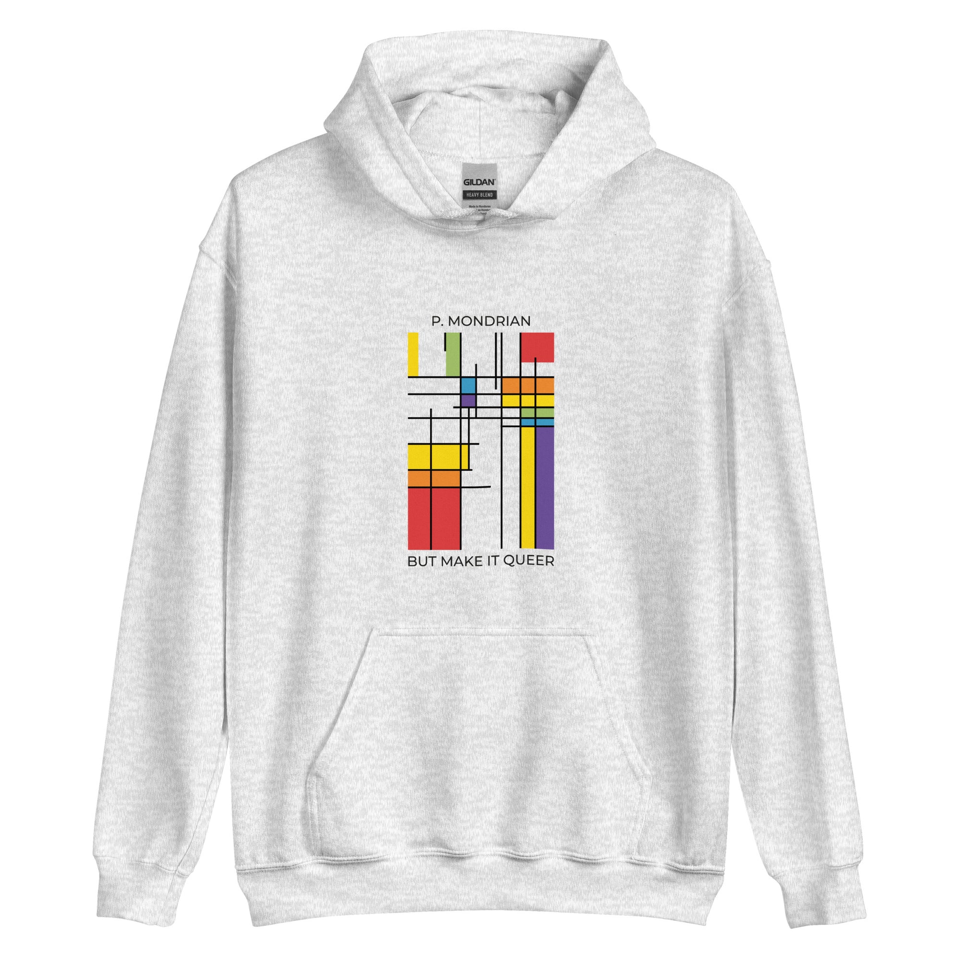 Unisex hoodie with Mondrian-inspired abstract blocks in LGBTQ+ pride flag colors, queer abstract art sweatshirt

