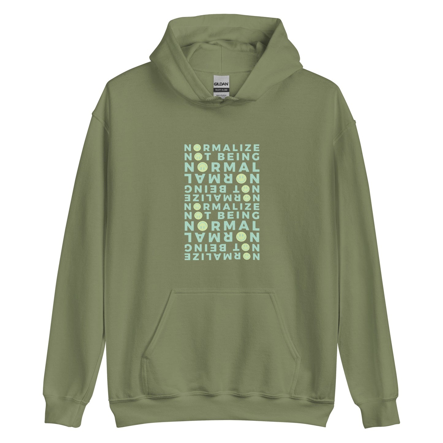 Green unisex hoodie with minimalist affirmation smiley design, celebrating neurodivergent empowerment and pride.