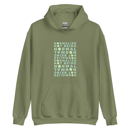 Green unisex hoodie with minimalist affirmation smiley design, celebrating neurodivergent empowerment and pride.