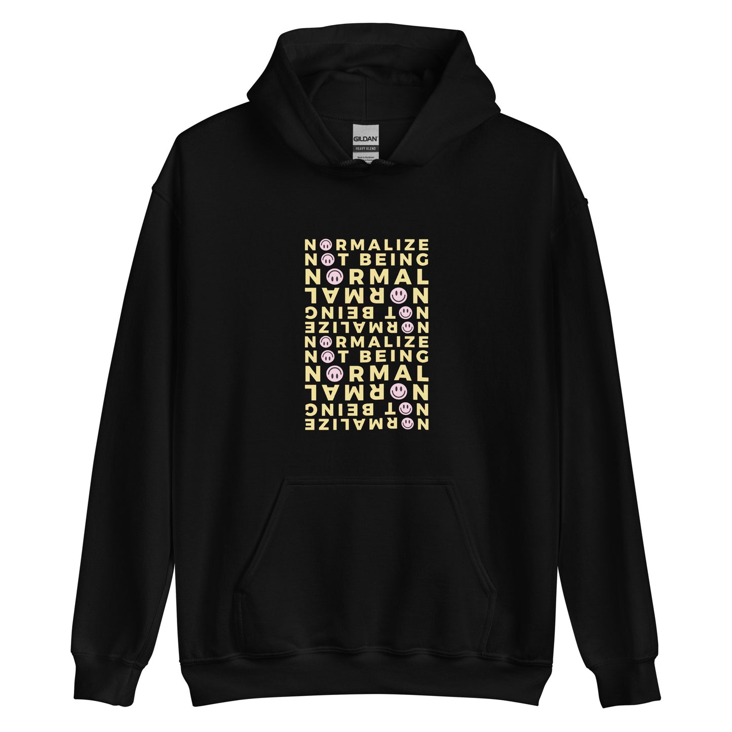 Unisex black hoodie with minimalist affirmation text and smiley design, celebrating neurodivergent pride and empowerment.