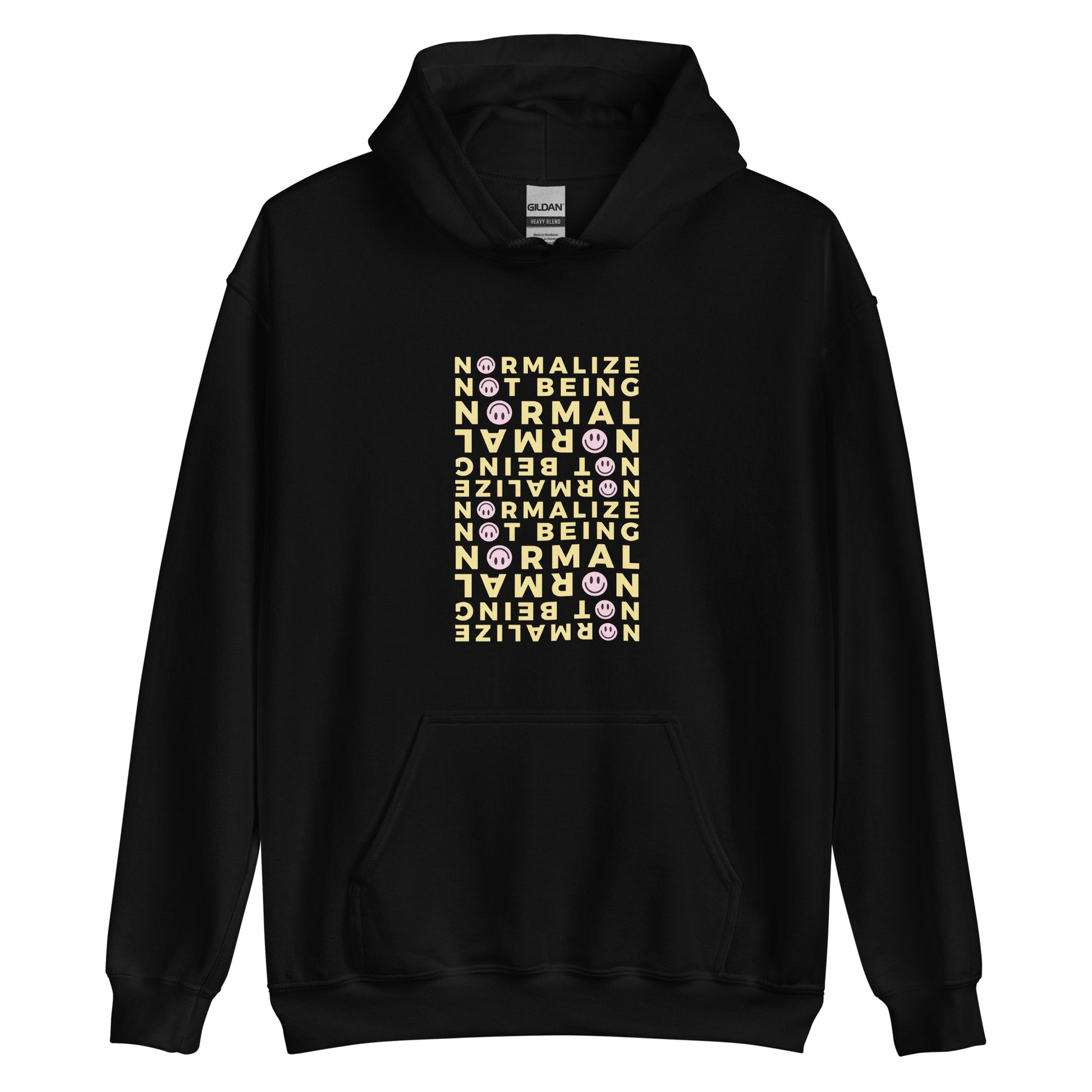 Unisex black hoodie with minimalist affirmation text and smiley design, celebrating neurodivergent pride and empowerment.